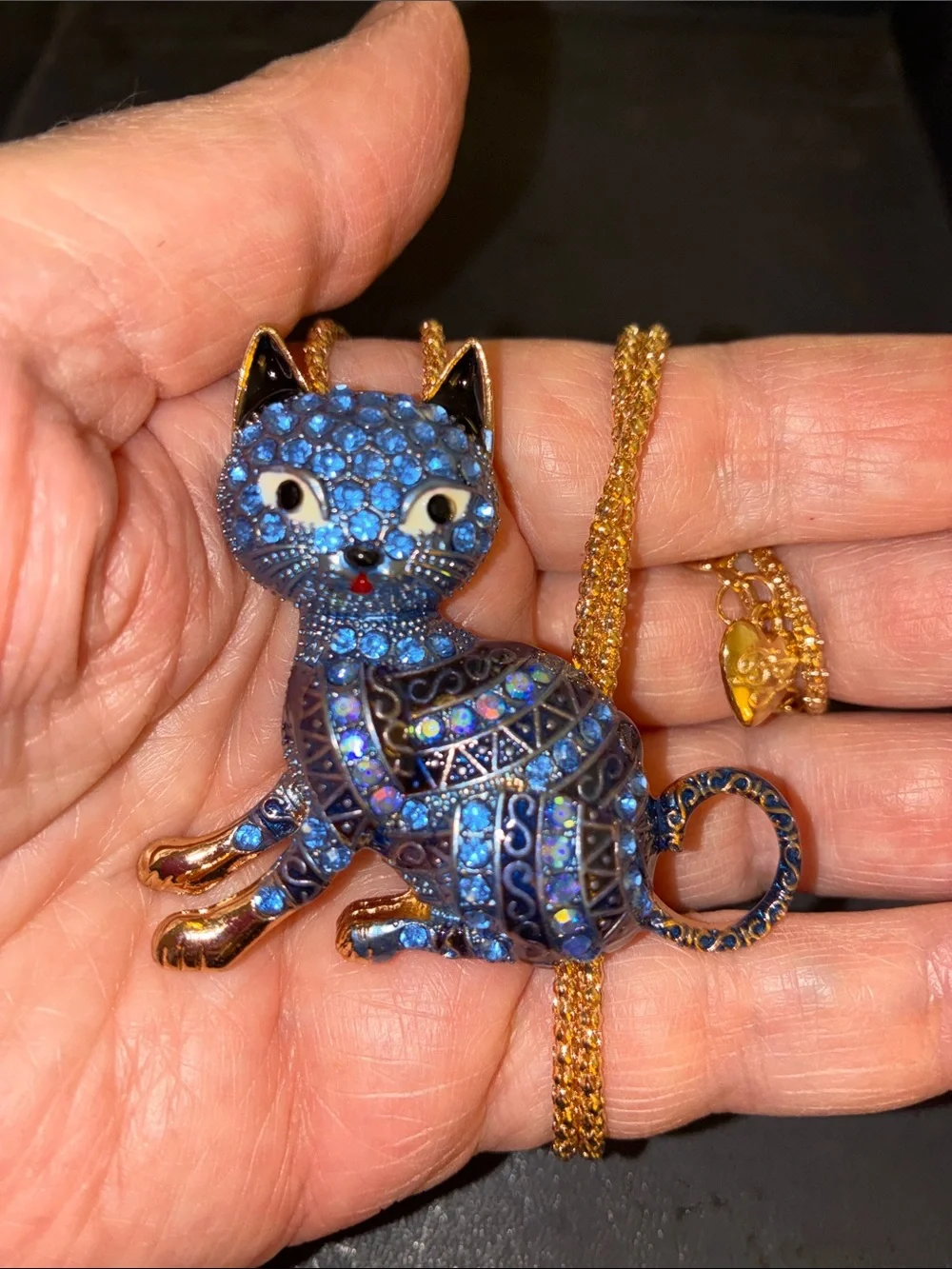 Blue Crystal Cat Pendant Necklace with Gold Accents